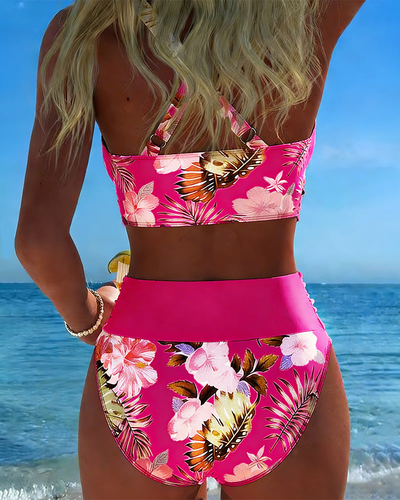Bikini a Contrasto con Motivo Floreale Diviso