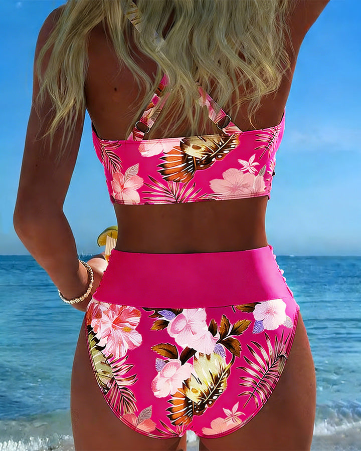 Bikini a Contrasto con Motivo Floreale Diviso