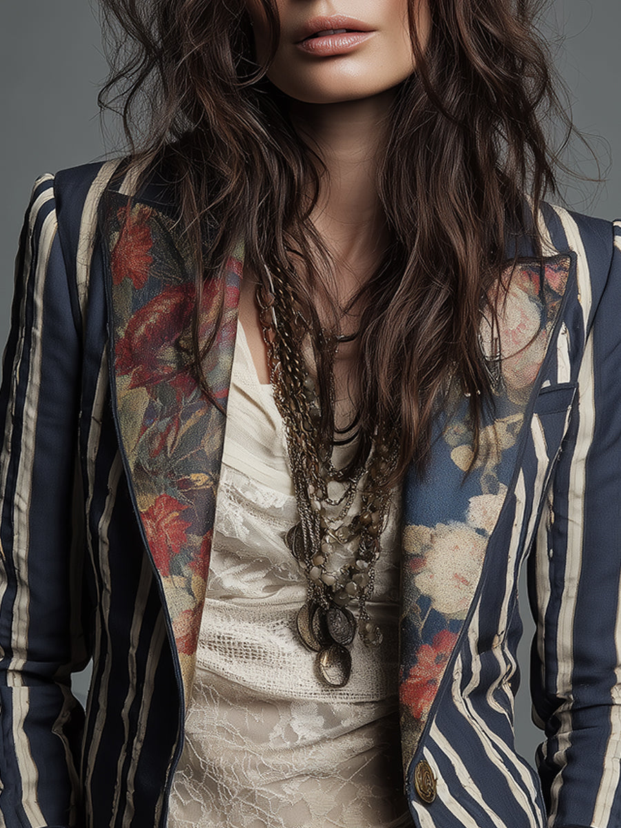 Blazer Striato in Cotone e Lino con Stampa Floreale Bohemien