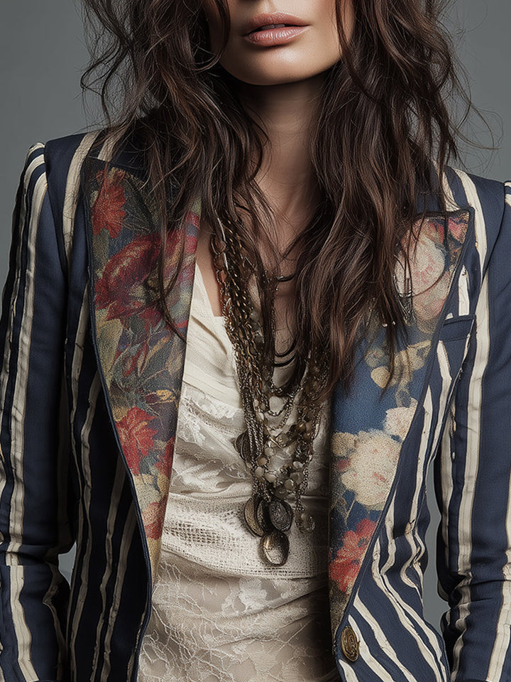 Blazer Striato in Cotone e Lino con Stampa Floreale Bohemien