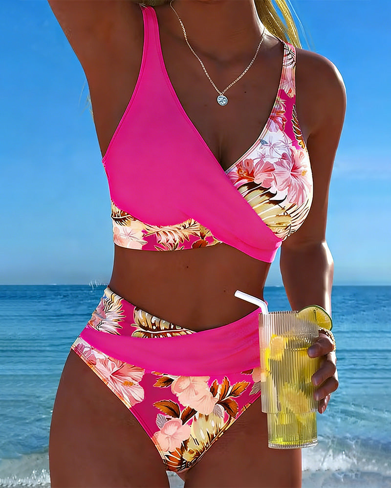 Bikini a Contrasto con Motivo Floreale Diviso