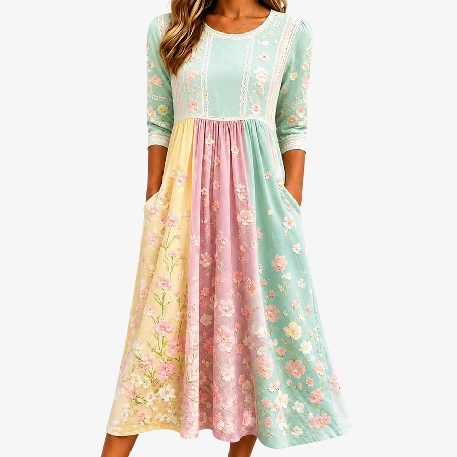 Abito Midi con Tasca Patchwork Primavera