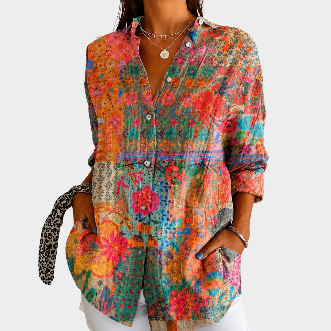 Blusa Button-Front Patchwork di Fiori Illuminati dal Sole