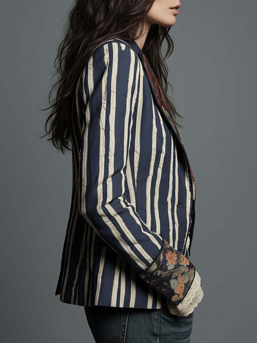 Blazer Striato in Cotone e Lino con Stampa Floreale Bohemien