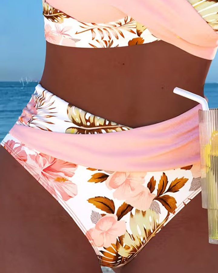 Bikini a Contrasto con Motivo Floreale Diviso