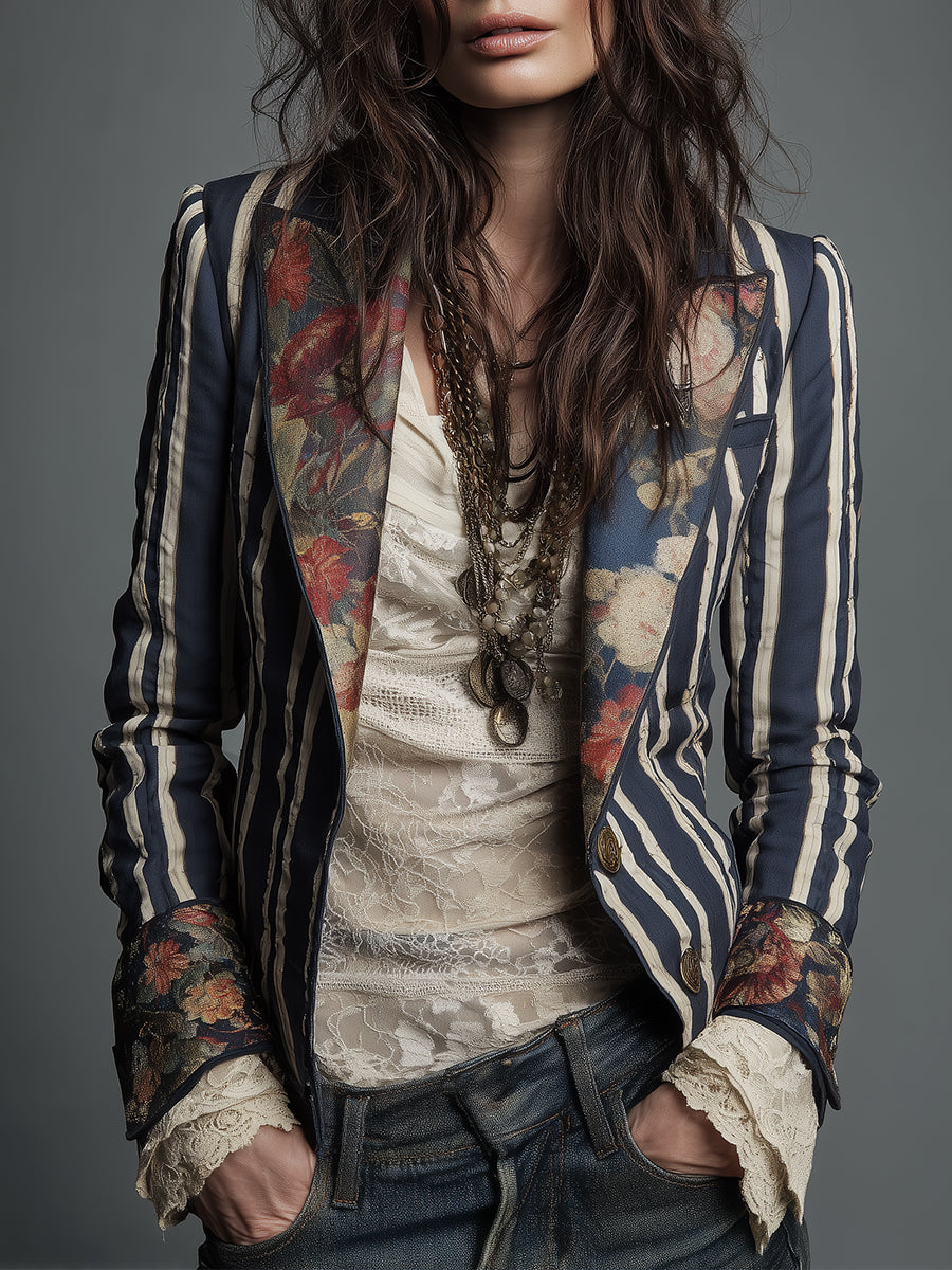 Blazer Striato in Cotone e Lino con Stampa Floreale Bohemien