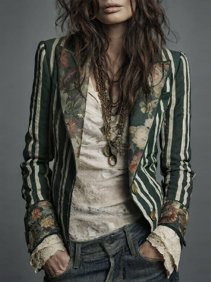 Blazer Striato in Cotone e Lino con Stampa Floreale Bohemien