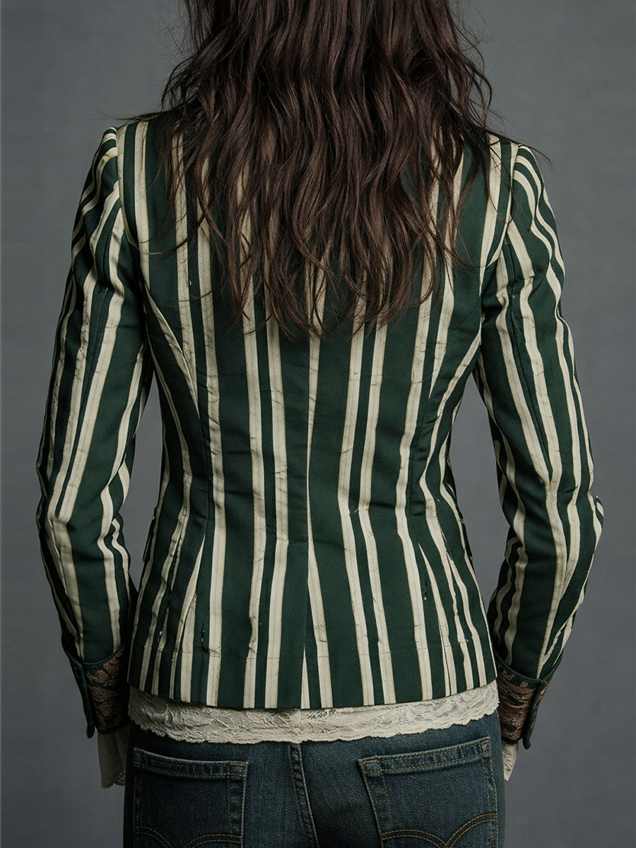 Blazer Striato in Cotone e Lino con Stampa Floreale Bohemien