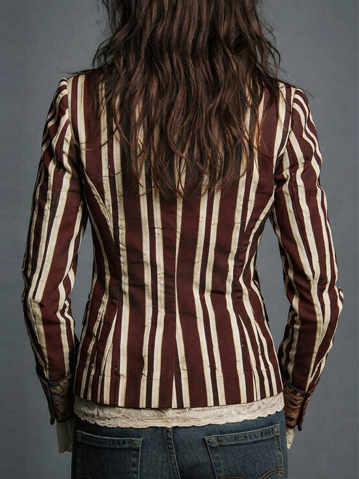 Blazer Striato in Cotone e Lino con Stampa Floreale Bohemien