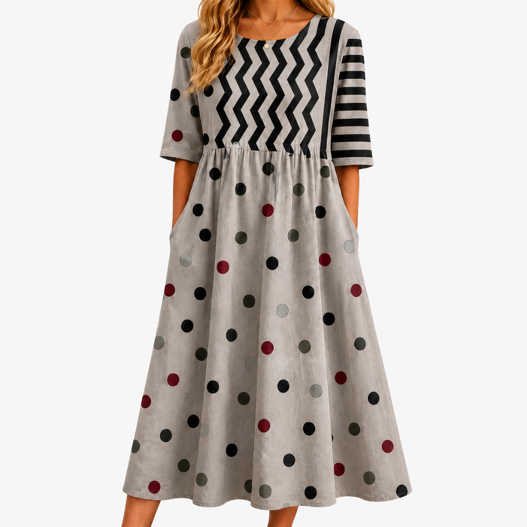 Abito Midi con Tasche e Stampa Mista Moderno