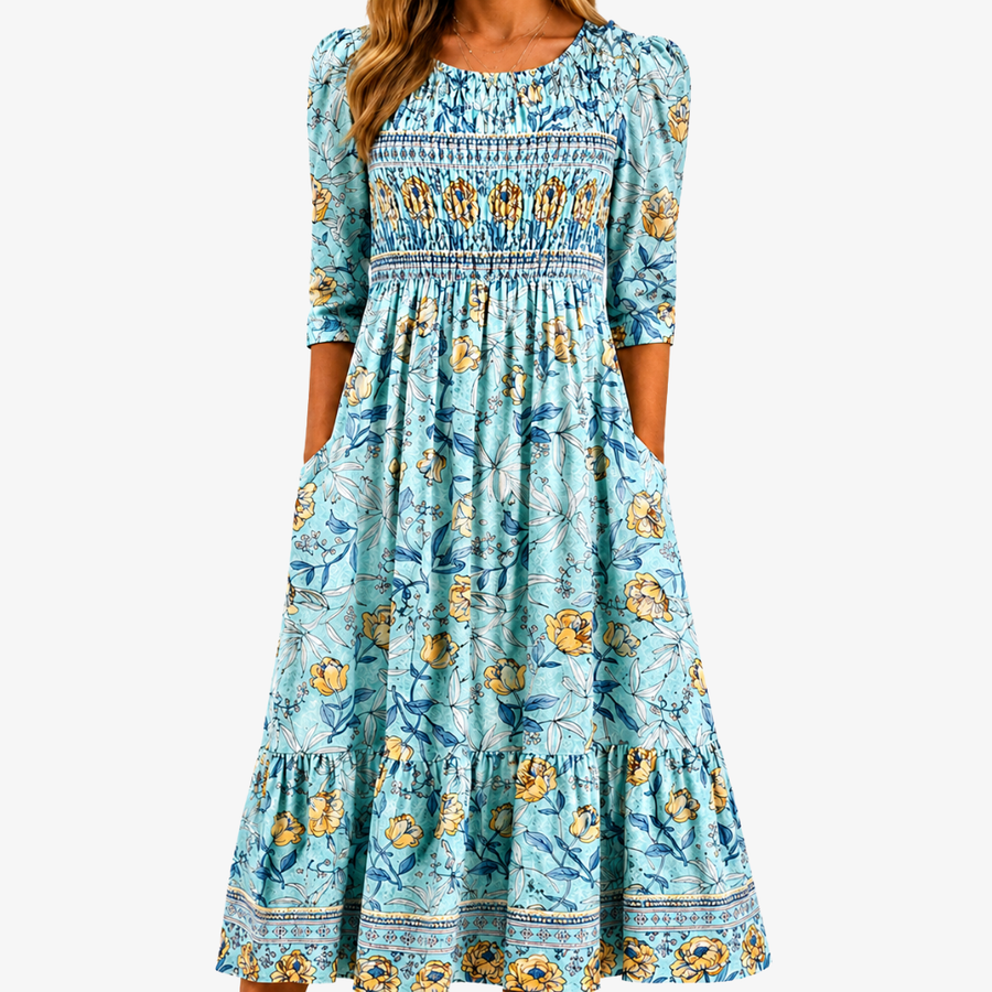 Abito Midi Giardino Smockato Golden Bloom
