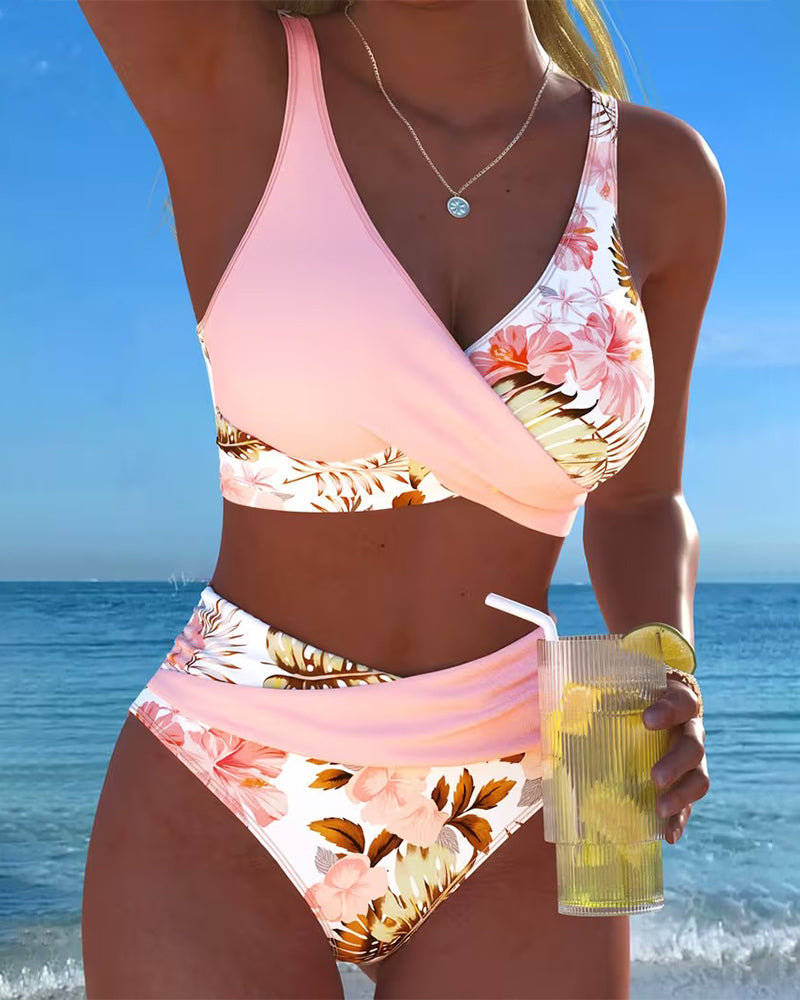 Bikini a Contrasto con Motivo Floreale Diviso