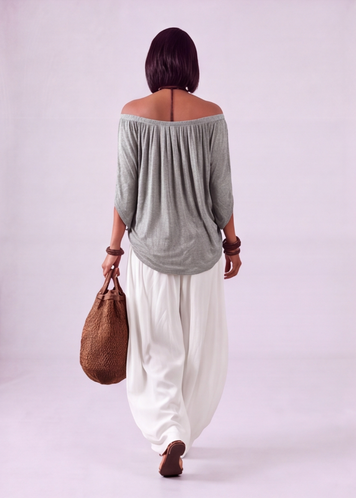 Luna - Completo con spalle scoperte e pantaloni Grigio-Bianco