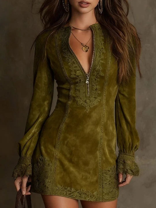 Lunori™ | Abito mini scamosciato Aurora con pizzo