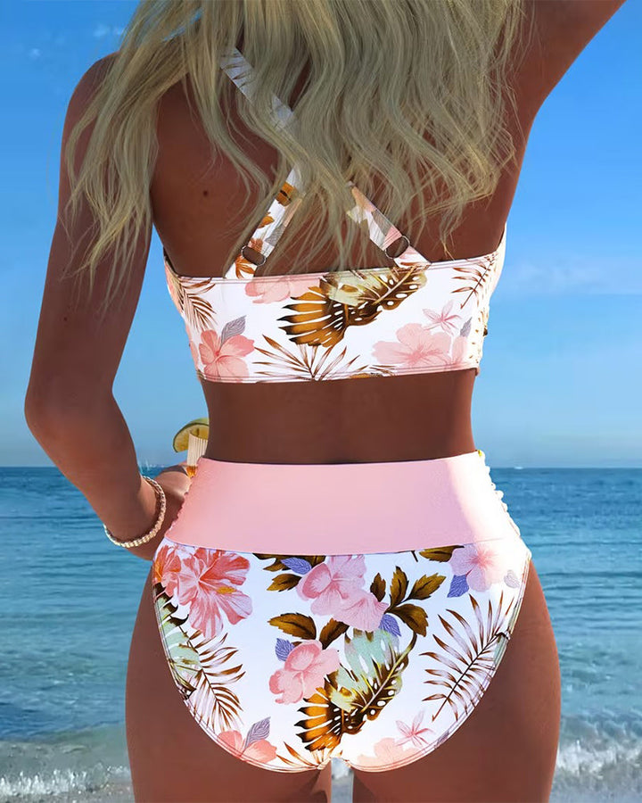 Bikini a Contrasto con Motivo Floreale Diviso