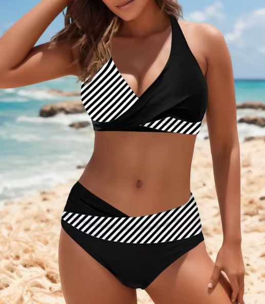ZOE ™ | Bikini con Collo a V e Vita Alta a Contrasto