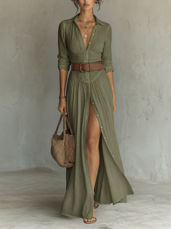 Pamela - Abito Maxi Lungo con Collo a V e Maniche Lunghe per Donne