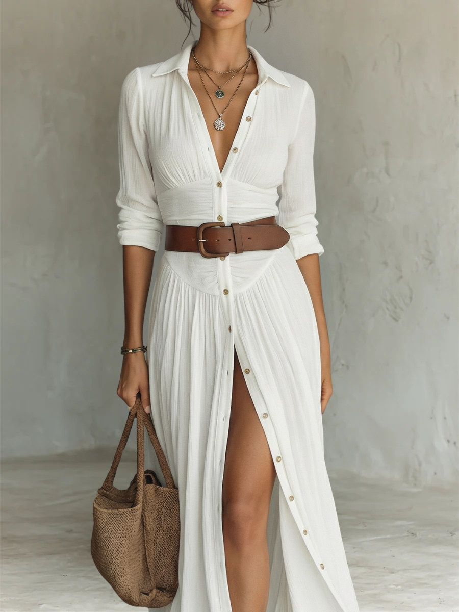 Pamela - Abito Maxi Lungo con Collo a V e Maniche Lunghe per Donne