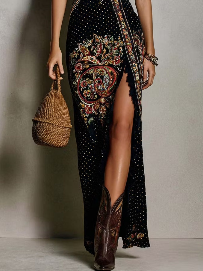 Abito Stampato in Stile Bohemien con Profondo Scollo a V e Alta Fessura