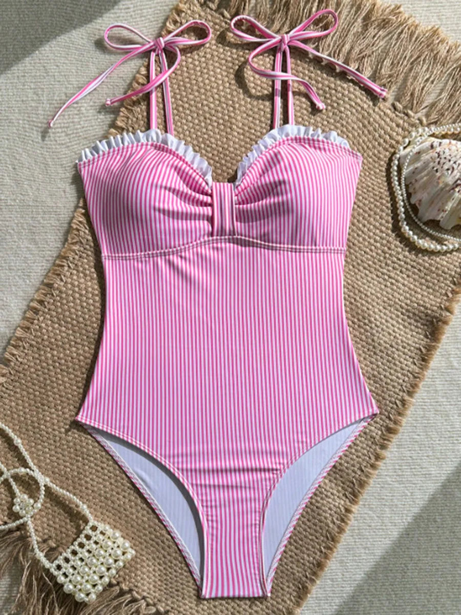 NAIA™ | Costume Modellante a Righe con Scollo Arricciato