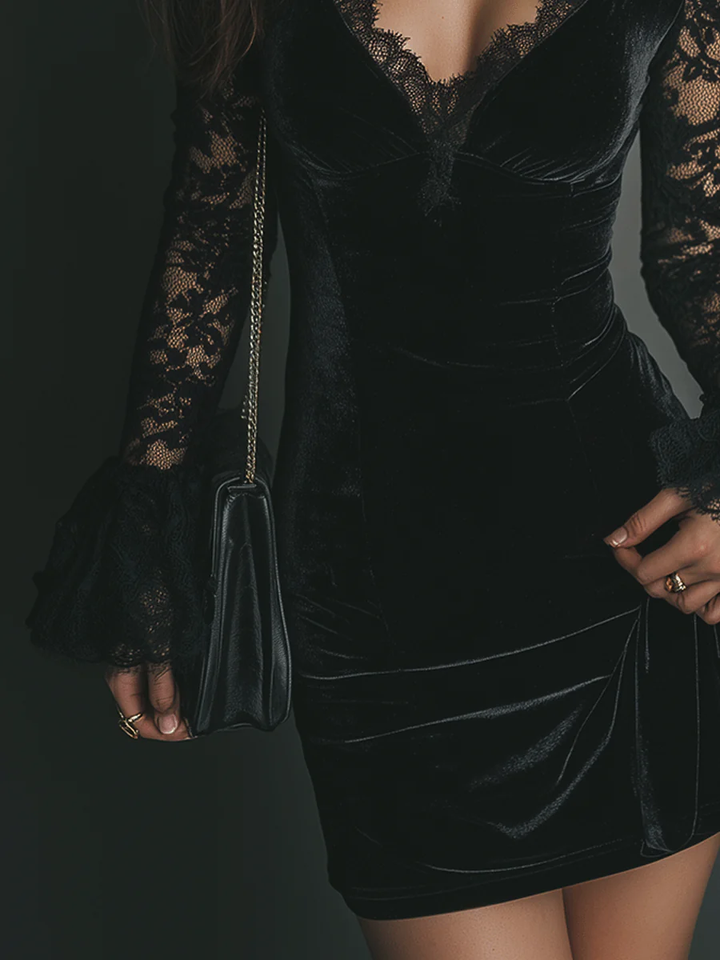 Lunori™ | Abito mini in velluto e pizzo Luna
