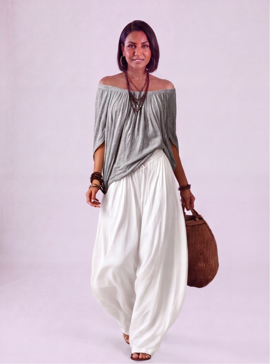 Luna - Completo con spalle scoperte e pantaloni Grigio-Bianco