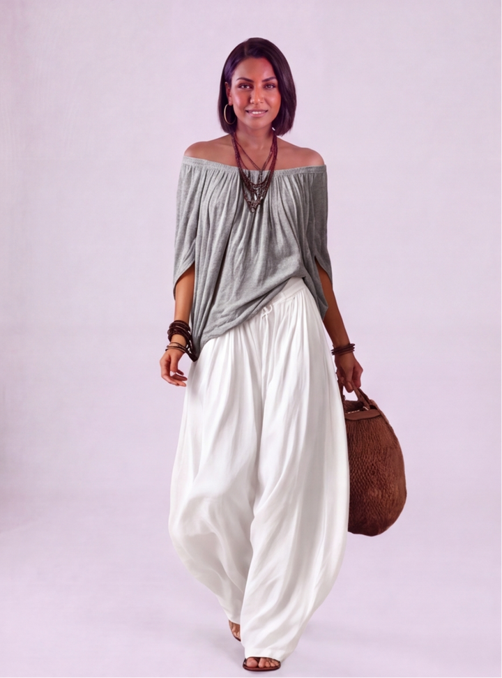 Luna - Completo con spalle scoperte e pantaloni Grigio-Bianco