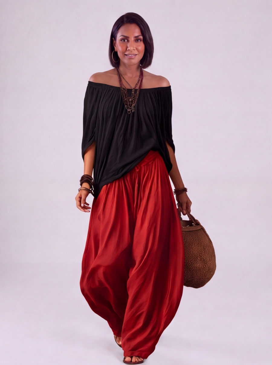 Luna - Completo con spalle scoperte e pantaloni Nero-Rosso